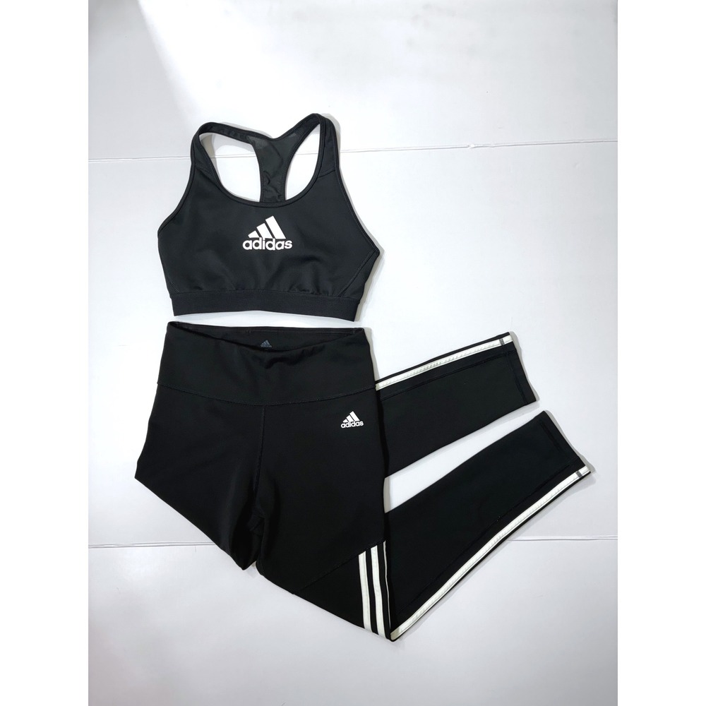 Sold.   Adidas Womens 2pc Set Black Climalite Sports Bra and 3 Stripe Leggings